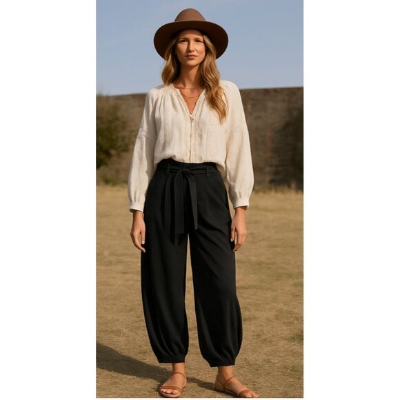 Anthropologie Women Blk WideLeg Paperbag Parachute Pant S Minimalist Indie Boho - Picture 1 of 15